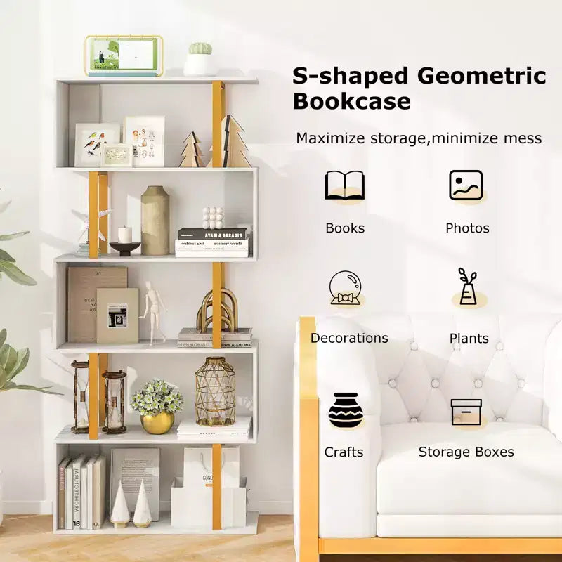 Bibliothèque géométrique en S à 5 niveaux avec cadre en métal doré