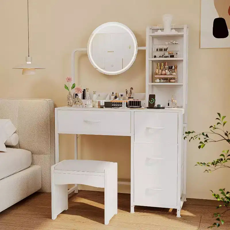 Coiffeuse avec miroir et lumières, Coiffeuse noire avec station de charge et tabouret, Grande coiffeuse avec 4 tiroirs, Table de maquillage
