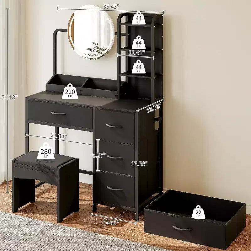 Coiffeuse avec miroir et lumières, Coiffeuse noire avec station de charge et tabouret, Grande coiffeuse avec 4 tiroirs, Table de maquillage