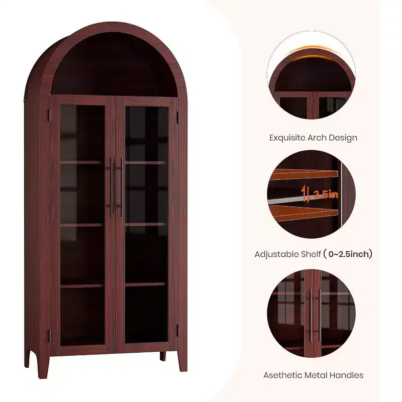 Meuble de cuisine à arcades - Étagère de présentation de ferme à 5 niveaux avec étagère réglable et 2 grandes portes en verre, placard de rangement polyvalent