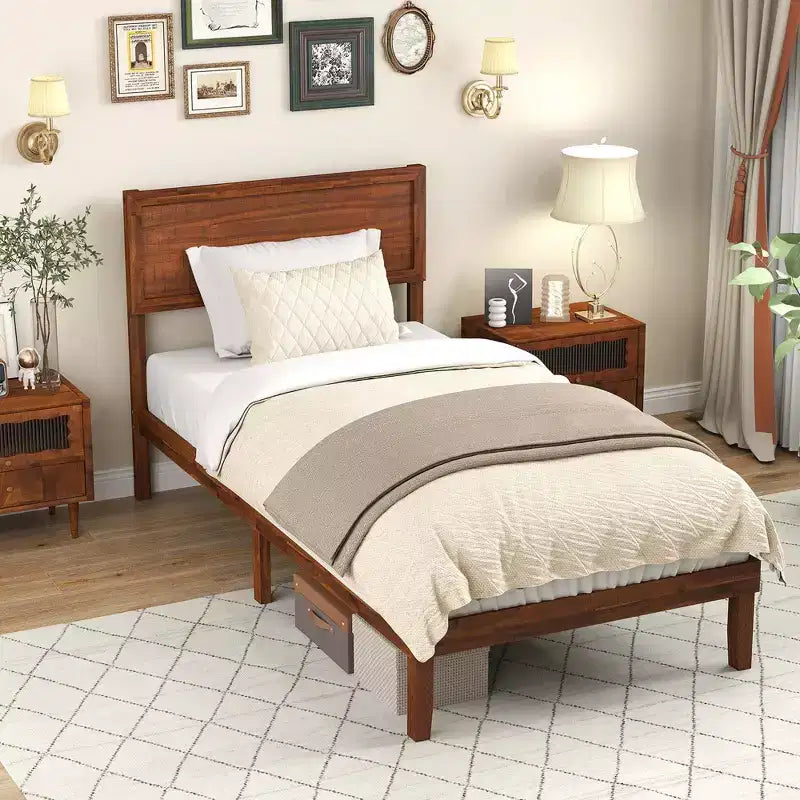 Cadre de lit double/grand lit/très grand lit avec tête de lit rustique Espace de rangement sous le lit Aucun sommier tapissier requis