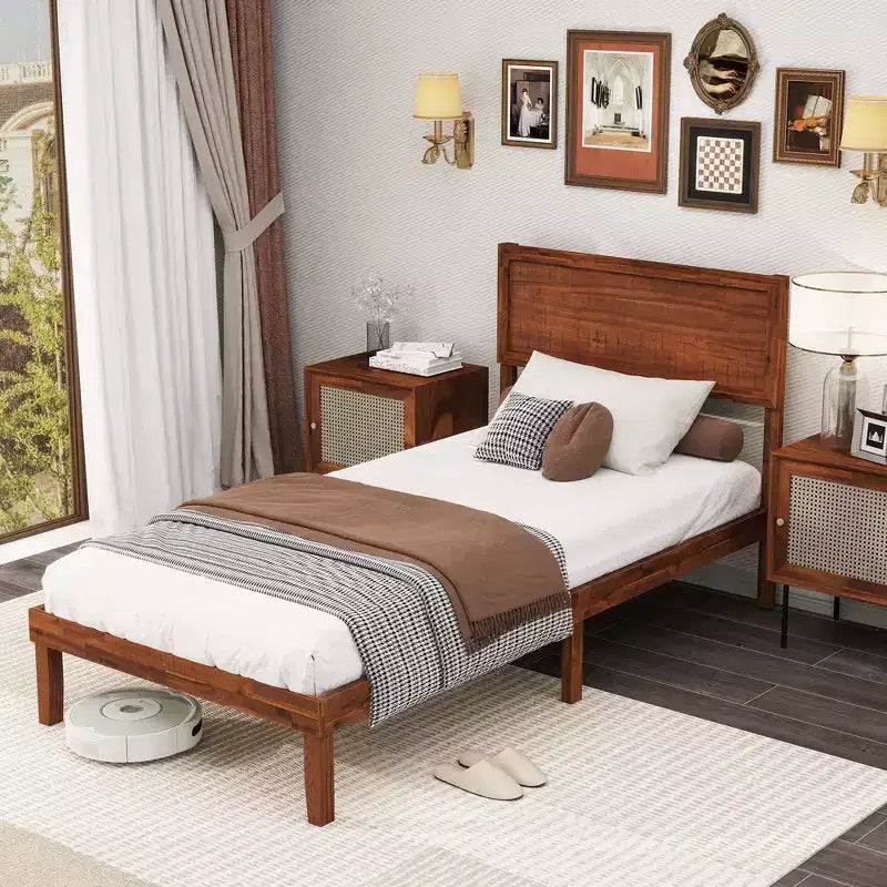 Cadre de lit double/grand lit/très grand lit avec tête de lit rustique Espace de rangement sous le lit Aucun sommier tapissier requis