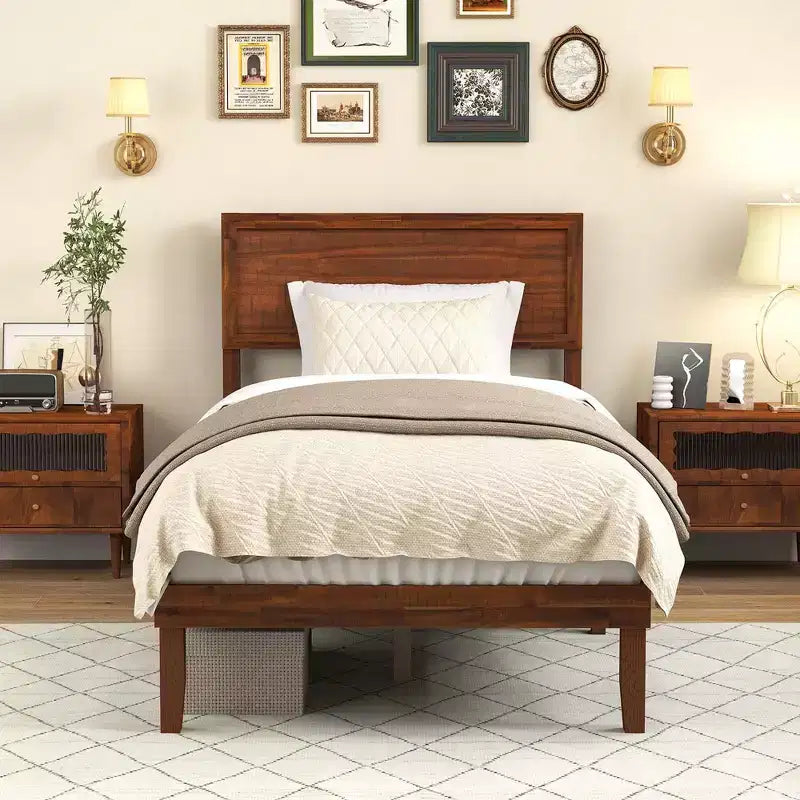 Cadre de lit double/grand lit/très grand lit avec tête de lit rustique Espace de rangement sous le lit Aucun sommier tapissier requis