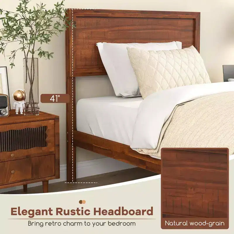 Cadre de lit double/grand lit/très grand lit avec tête de lit rustique Espace de rangement sous le lit Aucun sommier tapissier requis