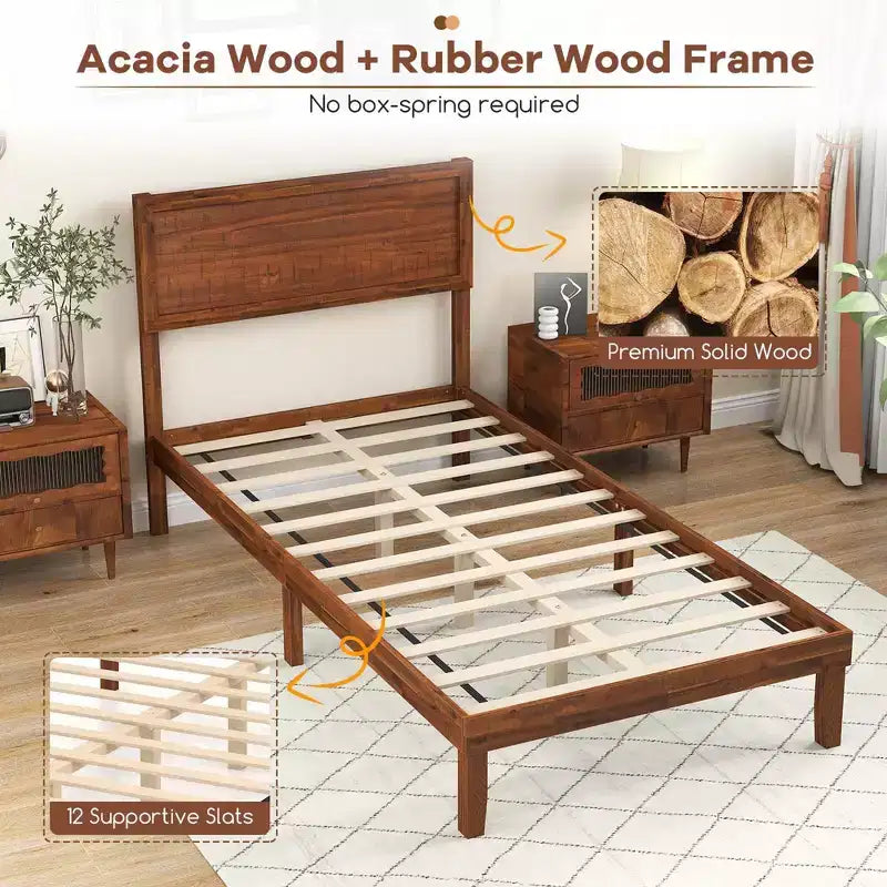 Cadre de lit double/grand lit/très grand lit avec tête de lit rustique Espace de rangement sous le lit Aucun sommier tapissier requis