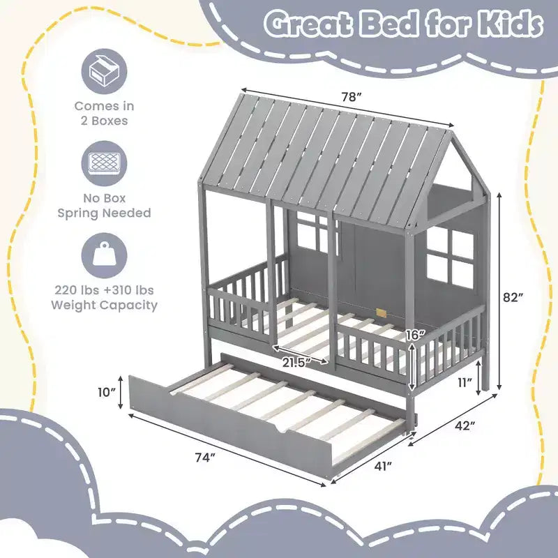 Lit cabane jumeau avec lit gigogne, décoration clôture, fenêtres en bois, toit haut, gris