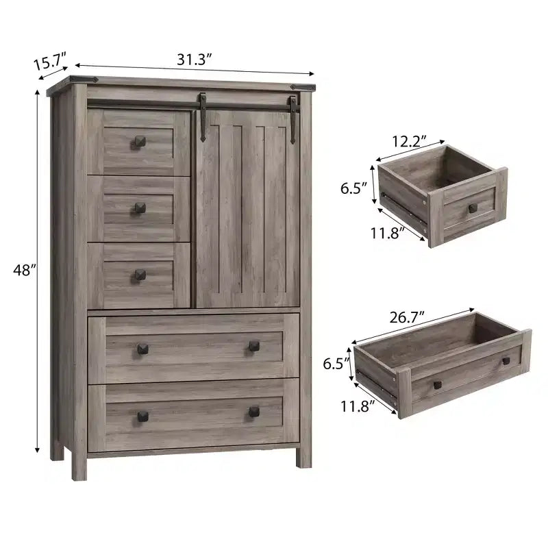 Commode de Ferme à 5 Tiroirs, Buffet Haut en Bois de 122 cm avec Porte Coulissante et Étagère Réglable, Organisateur de Rangement, Gris