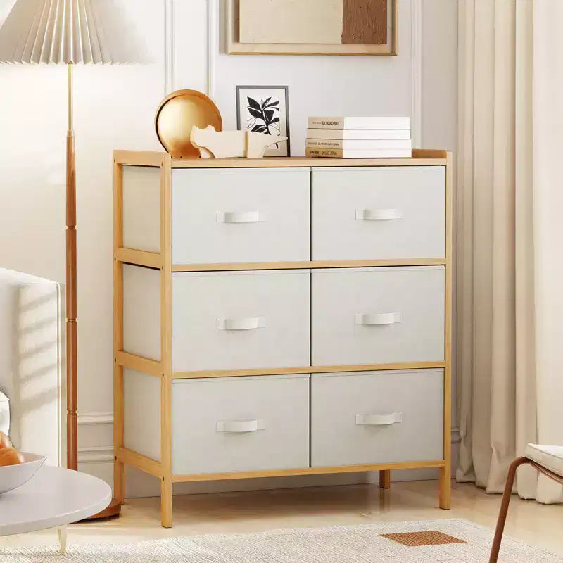 Commode en tissu avec 6 tiroirs Tour de rangement en bambou avec 6 bacs pliables en tissu