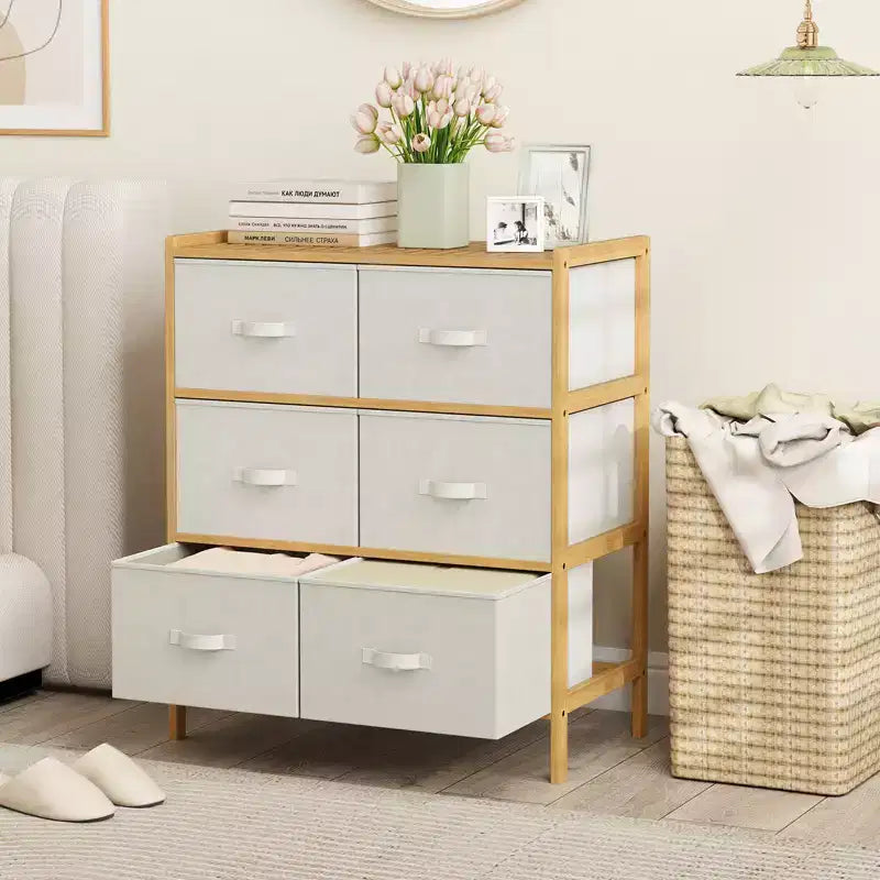 Commode en tissu avec 6 tiroirs Tour de rangement en bambou avec 6 bacs pliables en tissu