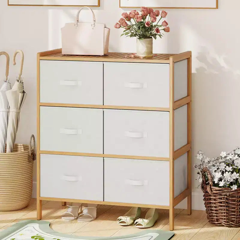 Commode en tissu avec 6 tiroirs Tour de rangement en bambou avec 6 bacs pliables en tissu