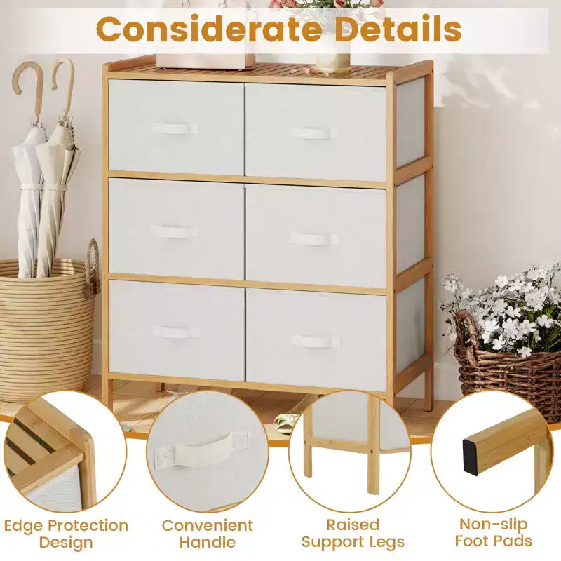 Commode en tissu avec 6 tiroirs Tour de rangement en bambou avec 6 bacs pliables en tissu