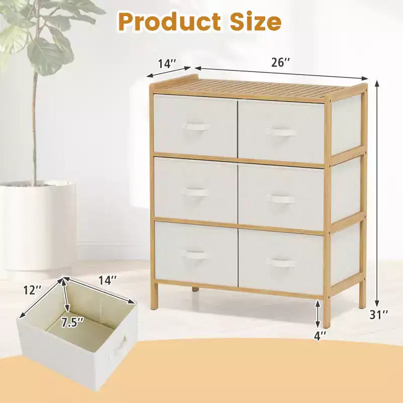 Commode en tissu avec 6 tiroirs Tour de rangement en bambou avec 6 bacs pliables en tissu