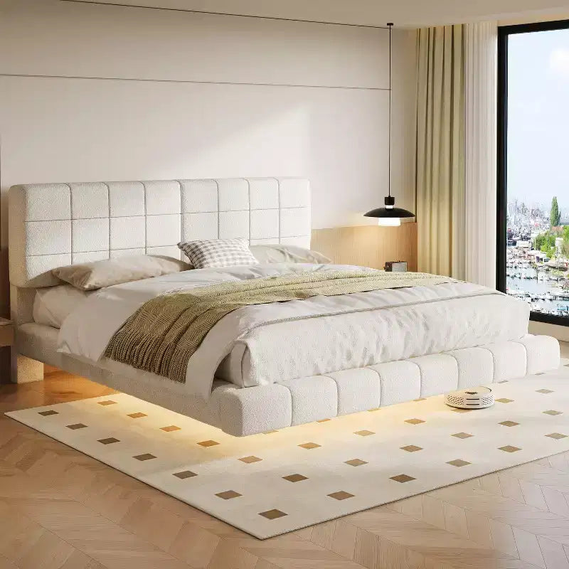 Cadre de lit plateforme rembourré lit flottant avec lumière et tête de lit, blanc