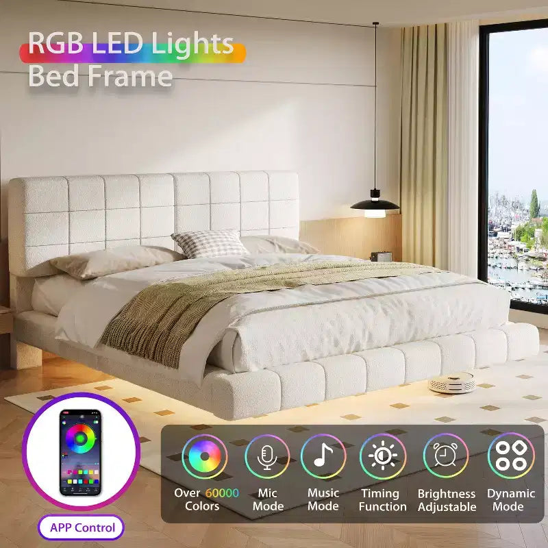 Cadre de lit plateforme rembourré lit flottant avec lumière et tête de lit, blanc