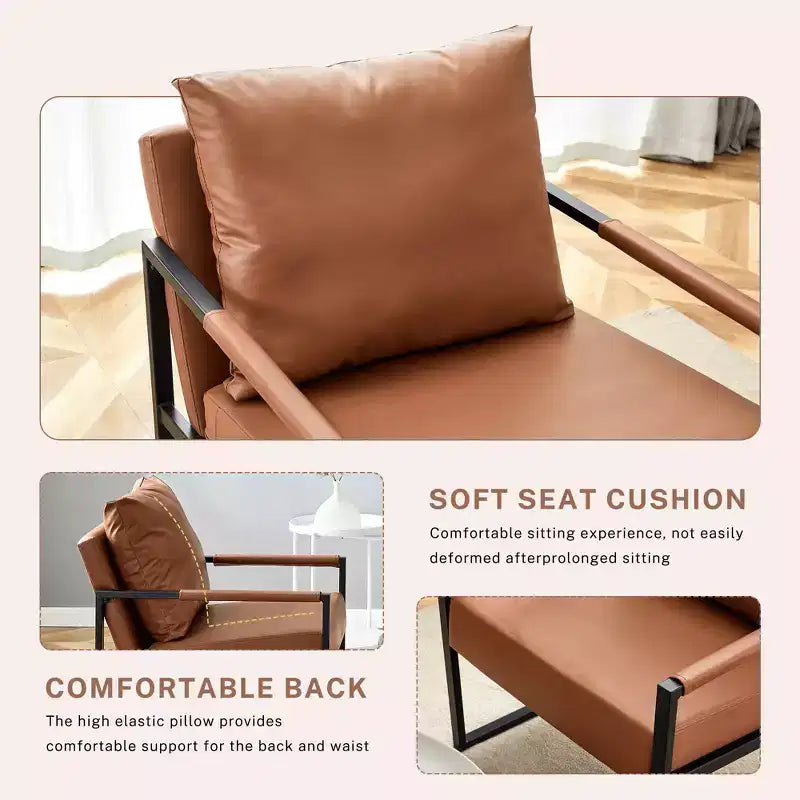 Fauteuil de salon classique en cuir PU, fauteuil capitonné avec structure en métal noir, fauteuil d'appoint ergonomique moderne pour salon, bureau