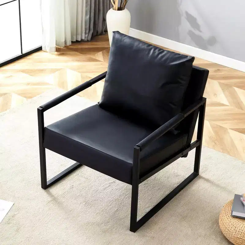 Fauteuil de salon classique en cuir PU, fauteuil capitonné avec structure en métal noir, fauteuil d'appoint ergonomique moderne pour salon, bureau
