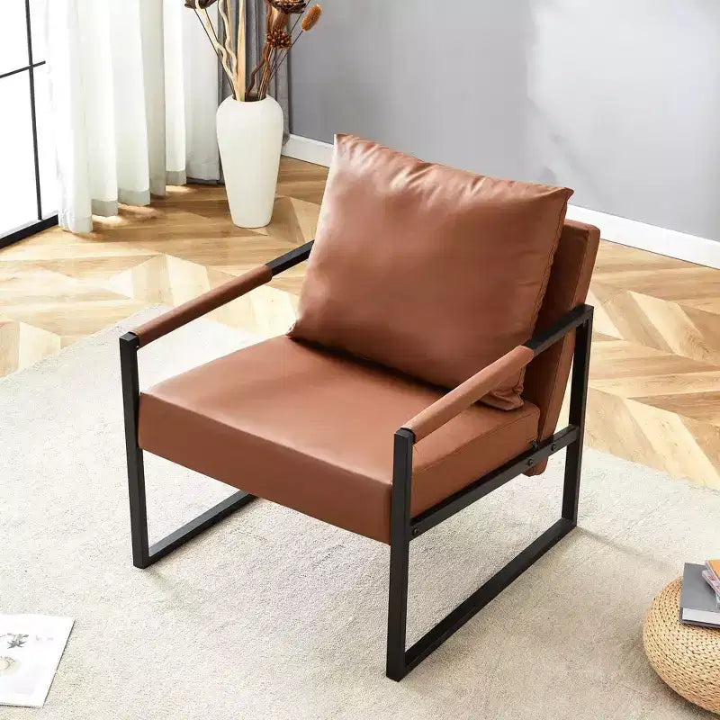 Fauteuil de salon classique en cuir PU, fauteuil capitonné avec structure en métal noir, fauteuil d'appoint ergonomique moderne pour salon, bureau