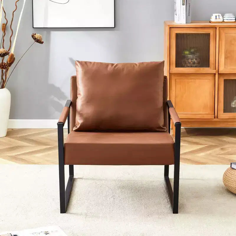 Fauteuil de salon classique en cuir PU, fauteuil capitonné avec structure en métal noir, fauteuil d'appoint ergonomique moderne pour salon, bureau
