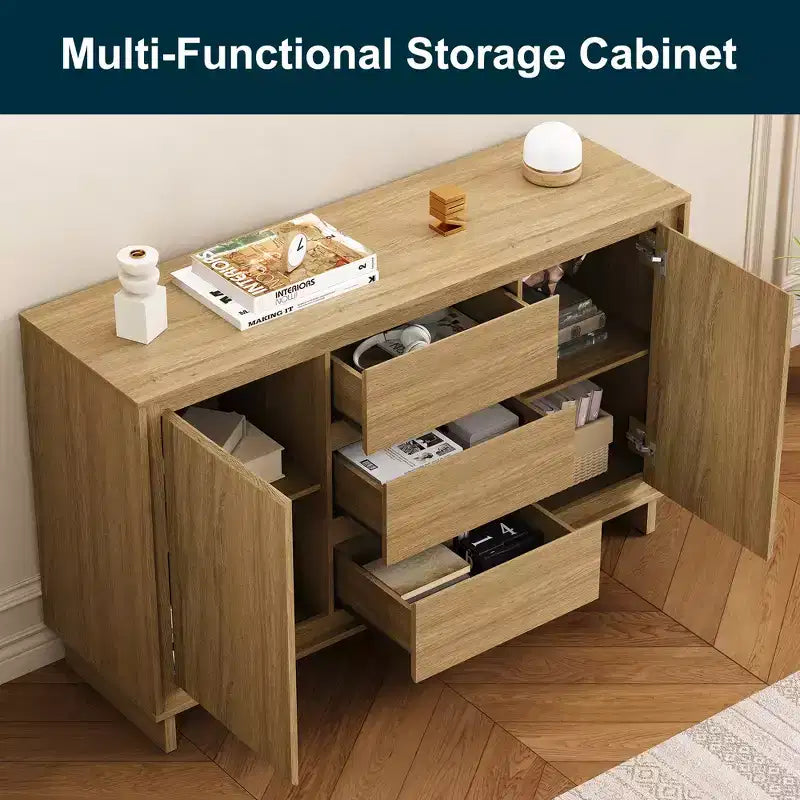 Meuble de rangement moderne avec 2 portes, 3 tiroirs et cadre décoratif