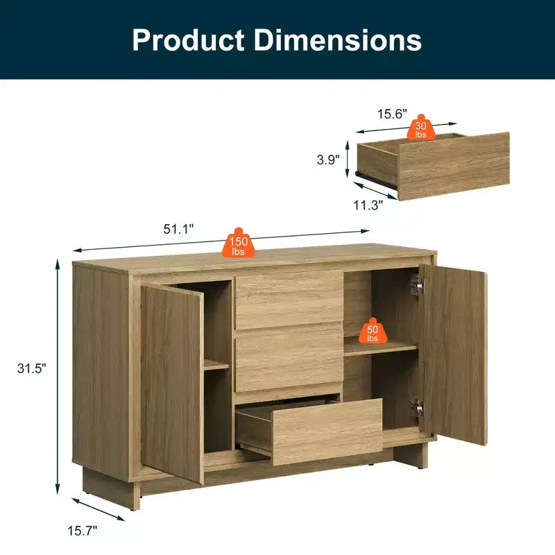 Meuble de rangement moderne avec 2 portes, 3 tiroirs et cadre décoratif